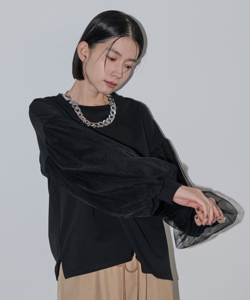 Shelly island(シェリーアイランド)の「チュールスリーブカットソー(Tシャツ/カットソー・レディース・ホワイト/ブラック・FREE)」の5枚目の写真