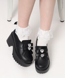 ビジューハート付ダブルリボン厚底パンプス