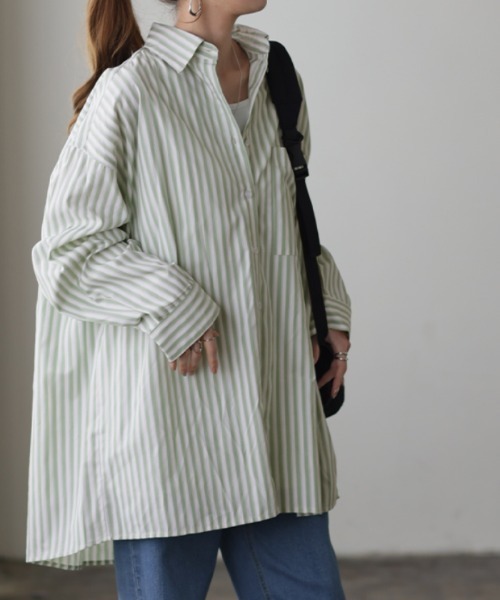 HUG.U（ハグユー）の「長く使えるストライプシャツ（シャツ/ブラウス・レディース・レッド系/ライトグリーン系/ネイビー系・FREE）」の8枚目の写真