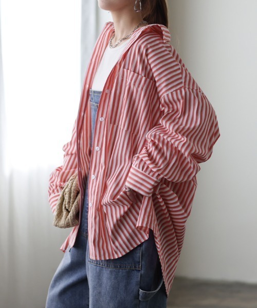 HUG.U（ハグユー）の「長く使えるストライプシャツ（シャツ/ブラウス・レディース・レッド系/ライトグリーン系/ネイビー系・FREE）」の19枚目の写真