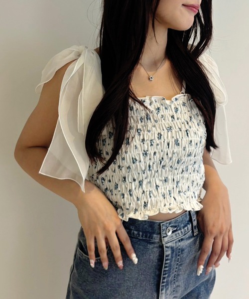 one after another NICE CLAUP（ワンアフターアナザーナイスクラップ）の「リボン取り外し可/シャーリングビスチェ（キャミソール・レディース・ブラック/オフホワイト/ホワイト系その他/ブラック系その他・FREE）」の3枚目の写真