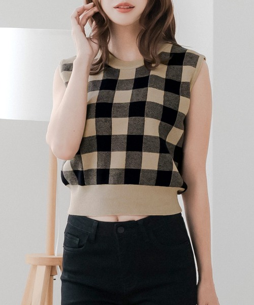 セール】ブロックチェックノースリーブニットトップス（ニット