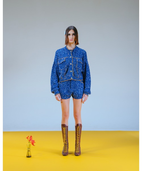 PAMEO POSE(パメオポーズ)の「Denim Knit Jacket(ニット/セーター・レディース・ブルー/ブラック/ホワイト・FREE)」の4枚目の写真