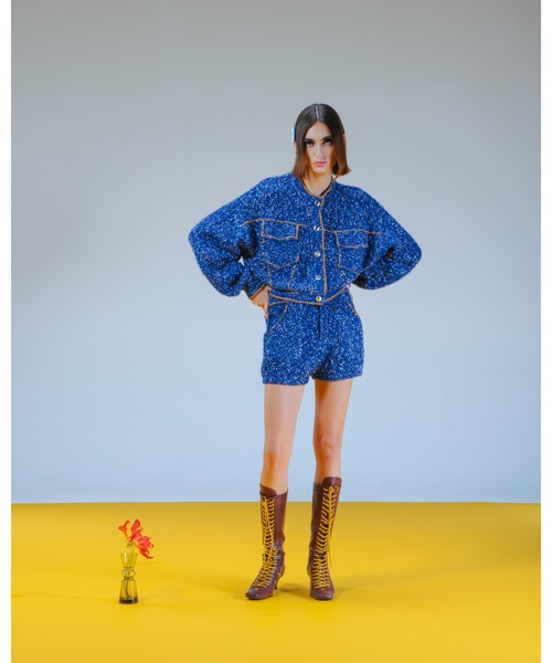 PAMEO POSE(パメオポーズ)の「Denim Knit Jacket(ニット/セーター・レディース・ブルー/ブラック/ホワイト・FREE)」の9枚目の写真