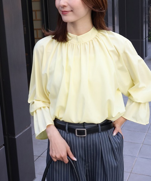 Pierrot（ピエロ）の「キャンディースリーブギャザーブラウス（シャツ/ブラウス・レディース・ストライプ/ブラック/ブルー/オフホワイト/ピンク/イエロー/ネイビー・L/M/S）」の18枚目の写真