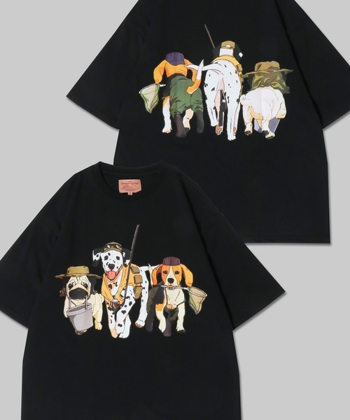 SIILON 犬 プリント Tシャツ チャコールグレー セール】犬プリント半袖Tシャツ（Tシャツ/カットソー