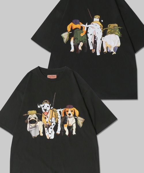 SIILON 犬 プリント Tシャツ チャコールグレー セール】Dog Print T-Shirt/犬 アニマル プリント オーバー