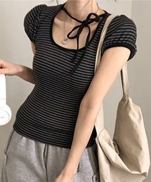 BEARDSLEYパフスリーブ 変形 ボーダー カットソー Tシャツ BEARDSLEY（ビアズリー）の「ボーダーフレンチ変形カットソー（T