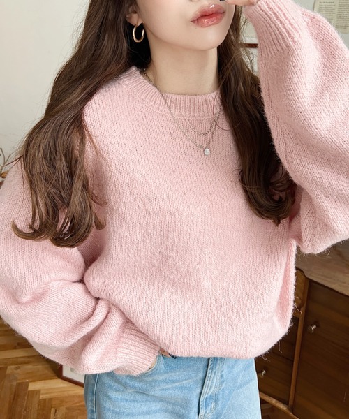 BATONER 日本製 ニット セーター　モヘア クルーネック ピンク M 極美品✨ BATONER モヘヤ100% クルーネックニット ピンク サイズ2