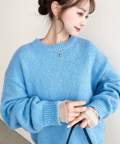moment+(モーメントプラス)の「【13色展開】モヘアライクベーシックニットプルオーバー(ニット/セーター・レディース・ブルー/チャコールグレー/オフホワイト/ブラック/ピンク/イエロー/ミント/オレンジ/ブラウン/ラベンダー/ネイビー/杢グレー/レッド・L/M)」の9枚目の写真