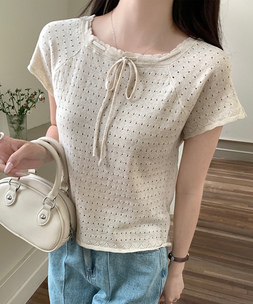 Lace Ladies（レースレディース）の「パンチング リボン付き ラグラン 半袖 ニット プルオーバー（ニット/セーター・レディース・ホワイト/ブラック/ブラック×ホワイト・FREE）」の2枚目の写真