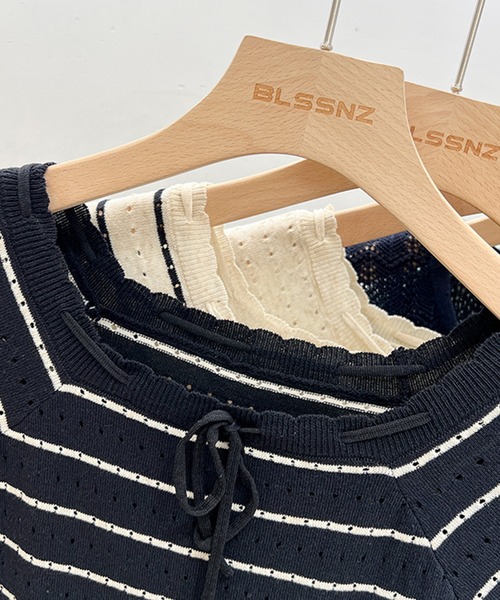 Lace Ladies（レースレディース）の「パンチング リボン付き ラグラン 半袖 ニット プルオーバー（ニット/セーター・レディース・ホワイト/ブラック/ブラック×ホワイト・FREE）」の6枚目の写真