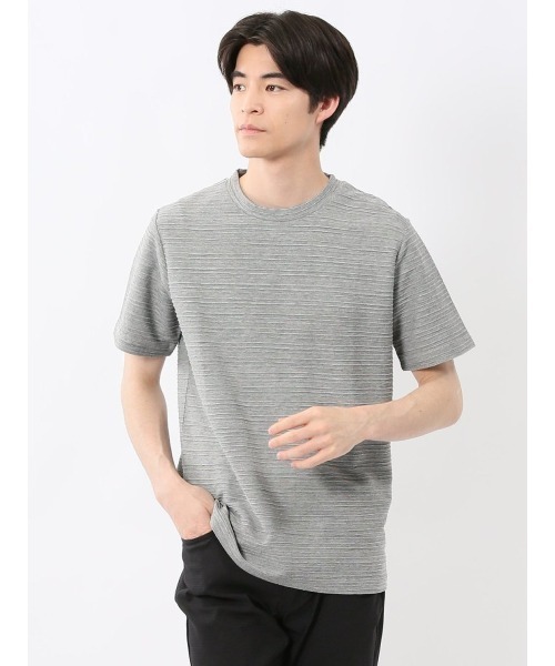 TAKA-Q（タカキュー）の「【ウォッシャブル】タカキュー ピンタックボーダー クルーネック半袖Tシャツ（Tシャツ/カットソー・メンズ・ホワイト/ライトグレー/ブルー/ホワイト×ブラック・MEDIUM/LARGE/X-LARGE）」の2枚目の写真