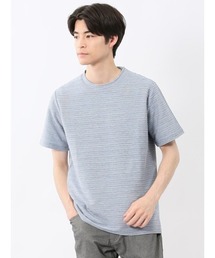 【綿混】タカキュー ピンタック ボーダー クルーネック 半袖 Tシャツ