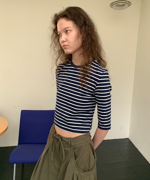 chuclla（チュクラ）の「【LONSLAN】ソフトフィット ボーダー五分袖T CHLONW25s047（Tシャツ/カットソー・レディース・ブラック/ホワイト/ネイビー・M）」の3枚目の写真