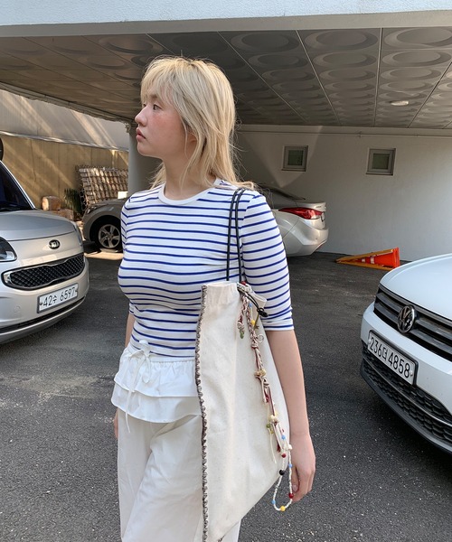 chuclla（チュクラ）の「【LONSLAN】ソフトフィット ボーダー五分袖T CHLONW25s047（Tシャツ/カットソー・レディース・ブラック/ホワイト/ネイビー・M）」の7枚目の写真