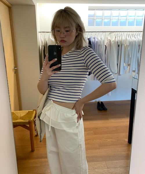 chuclla（チュクラ）の「【LONSLAN】ソフトフィット ボーダー五分袖T CHLONW25s047（Tシャツ/カットソー・レディース・ブラック/ホワイト/ネイビー・M）」の8枚目の写真