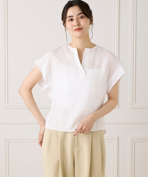 INED（イネド）の「リネンフレンチスリーブシャツブラウス《lelinzephyr/ル・ランゼフィール》（シャツ/ブラウス・レディース・オフホワイト/ブルー/グレイッシュベージュ・9号/7号）」の2枚目の写真