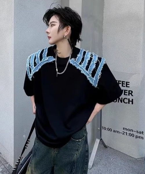 FreeZone（フリーゾーン）の「デニムショルダーカットオーバーサイズTシャツ（Tシャツ/カットソー・メンズ・ホワイト/ブラック・F）」の4枚目の写真