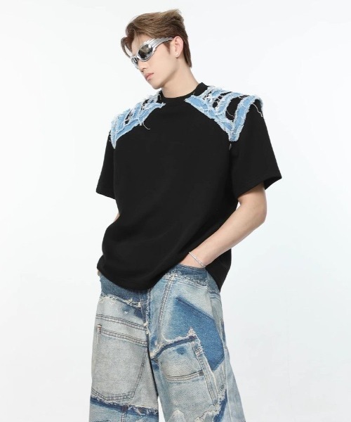 FreeZone（フリーゾーン）の「デニムショルダーカットオーバーサイズTシャツ（Tシャツ/カットソー・メンズ・ホワイト/ブラック・F）」の9枚目の写真