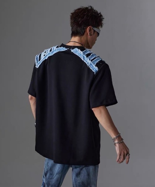 FreeZone（フリーゾーン）の「デニムショルダーカットオーバーサイズTシャツ（Tシャツ/カットソー・メンズ・ホワイト/ブラック・F）」の10枚目の写真