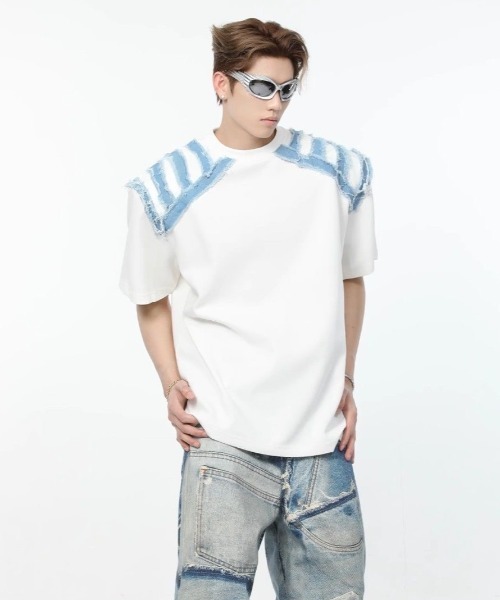 FreeZone（フリーゾーン）の「デニムショルダーカットオーバーサイズTシャツ（Tシャツ/カットソー・メンズ・ホワイト/ブラック・F）」の8枚目の写真