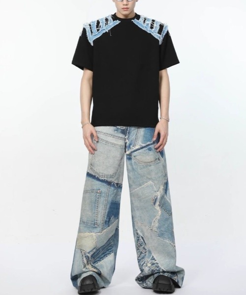FreeZone（フリーゾーン）の「デニムショルダーカットオーバーサイズTシャツ（Tシャツ/カットソー・メンズ・ホワイト/ブラック・F）」の12枚目の写真
