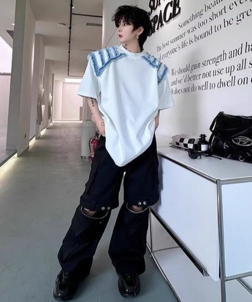FreeZone（フリーゾーン）の「デニムショルダーカットオーバーサイズTシャツ（Tシャツ/カットソー・メンズ・ホワイト/ブラック・F）」の13枚目の写真