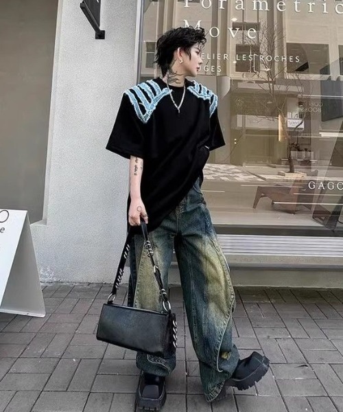 FreeZone（フリーゾーン）の「デニムショルダーカットオーバーサイズTシャツ（Tシャツ/カットソー・メンズ・ホワイト/ブラック・F）」の14枚目の写真