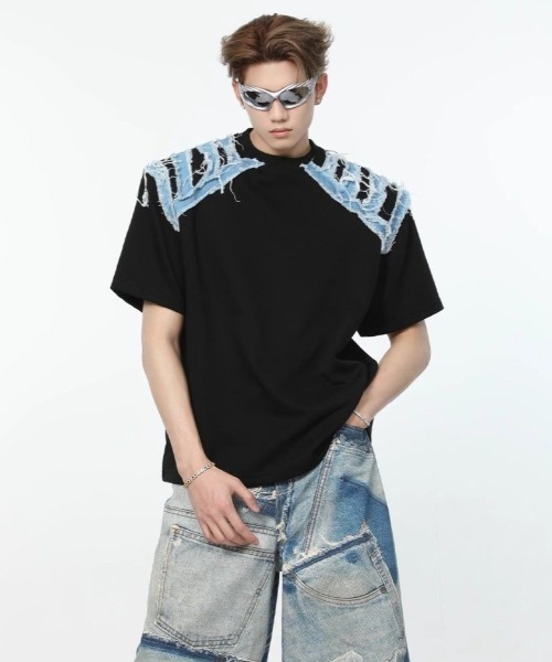 FreeZone（フリーゾーン）の「デニムショルダーカットオーバーサイズTシャツ（Tシャツ/カットソー・メンズ・ホワイト/ブラック・F）」の15枚目の写真