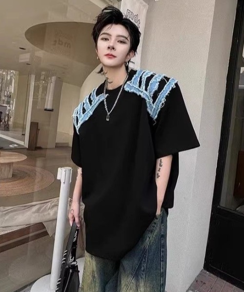 FreeZone（フリーゾーン）の「デニムショルダーカットオーバーサイズTシャツ（Tシャツ/カットソー・メンズ・ホワイト/ブラック・F）」の17枚目の写真