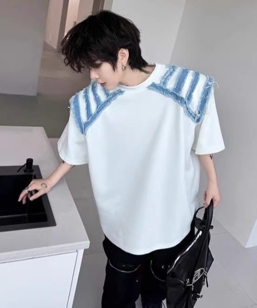 FreeZone（フリーゾーン）の「デニムショルダーカットオーバーサイズTシャツ（Tシャツ/カットソー・メンズ・ホワイト/ブラック・F）」の18枚目の写真