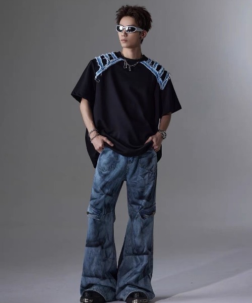FreeZone（フリーゾーン）の「デニムショルダーカットオーバーサイズTシャツ（Tシャツ/カットソー・メンズ・ホワイト/ブラック・F）」の21枚目の写真