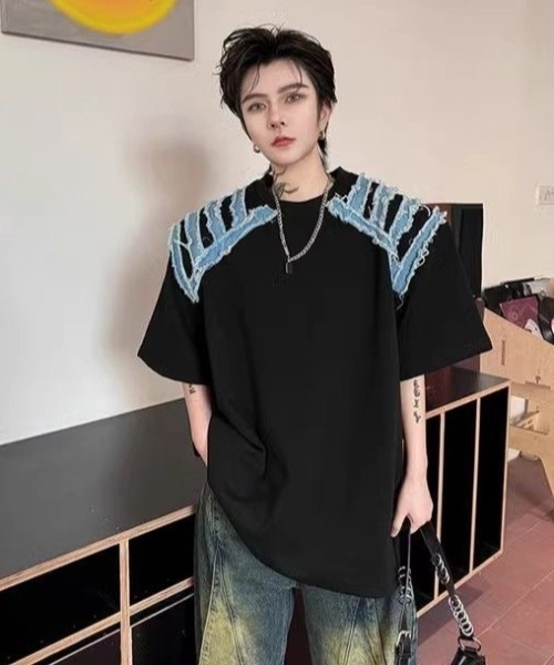 FreeZone（フリーゾーン）の「デニムショルダーカットオーバーサイズTシャツ（Tシャツ/カットソー・メンズ・ホワイト/ブラック・F）」の22枚目の写真