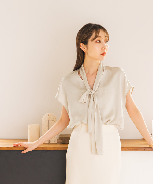 洗える】ミューズサテンボウタイブラウス
