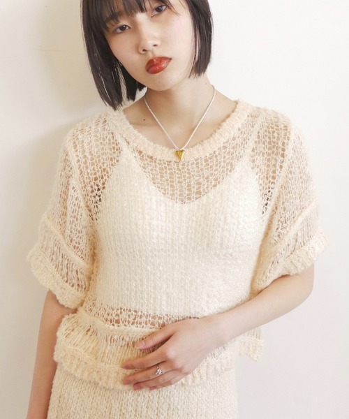 HONEY MI HONEY(ハニーミーハニー)の「poodle crochet knit tops(ニット/セーター・レディース・オフホワイト/ブラック/コーラル・FREE)」の1枚目の写真