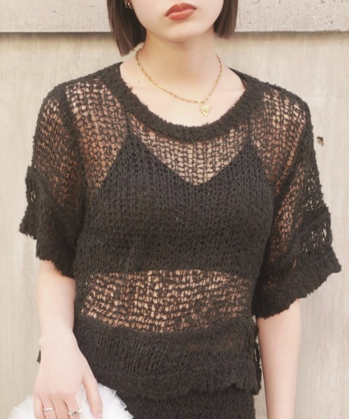 HONEY MI HONEY(ハニーミーハニー)の「poodle crochet knit tops(ニット/セーター・レディース・オフホワイト/ブラック/コーラル・FREE)」の3枚目の写真