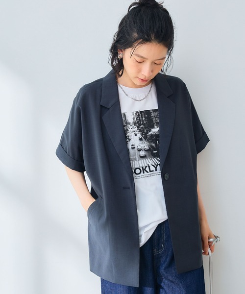 CROSS FUNCTION（クロスファンクション）の「《UV/通気性》サマ美え テーラードハーフスリーブジャケット【CROSS FUNCTION/クロスファンクション】（テーラードジャケット・レディース・ダークブラウン/チャコールグレー・M/L/LL）」の4枚目の写真