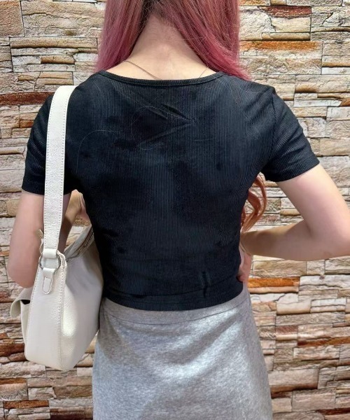 セール】前開きカットソーラウンドネックトップス（Tシャツ