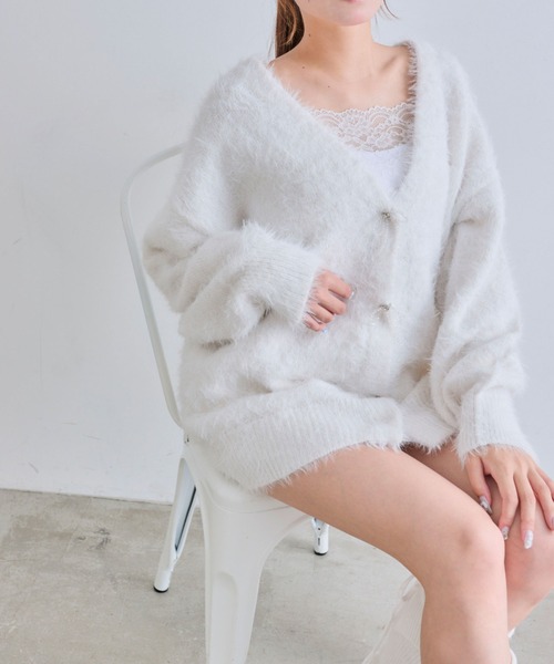 OLIVE des OLIVE（オリーブデオリーブ）の「melty ribbon long knit（カーディガン/ボレロ・レディース・ピンク/オフホワイト/チャコールグレー/サックスブルー・FREE）」の2枚目の写真