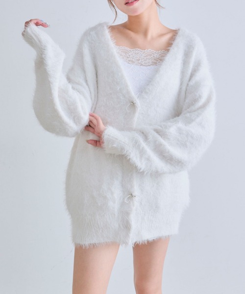 OLIVE des OLIVE（オリーブデオリーブ）の「melty ribbon long knit（カーディガン/ボレロ・レディース・ピンク/オフホワイト/チャコールグレー/サックスブルー・FREE）」の6枚目の写真