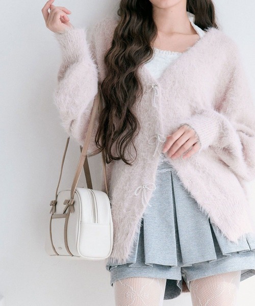 OLIVE des OLIVE（オリーブデオリーブ）の「melty ribbon long knit（カーディガン/ボレロ・レディース・ピンク/オフホワイト/チャコールグレー/サックスブルー・FREE）」の9枚目の写真