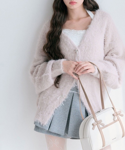 OLIVE des OLIVE（オリーブデオリーブ）の「melty ribbon long knit（カーディガン/ボレロ・レディース・ピンク/オフホワイト/チャコールグレー/サックスブルー・FREE）」の8枚目の写真