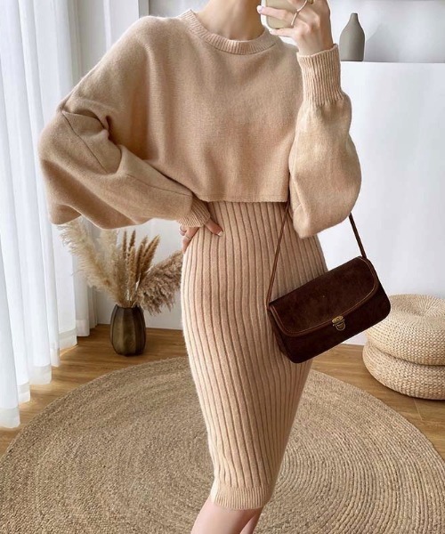 maison de LATIR（メゾンドラティール）の「【上下セットアップ】リブニットワンピース　カセット服（ワンピース・レディース・ベージュ/ブラック/ブルー・FREE）」の3枚目の写真