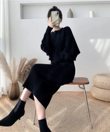 【上下セットアップ】リブニットワンピース カセット服