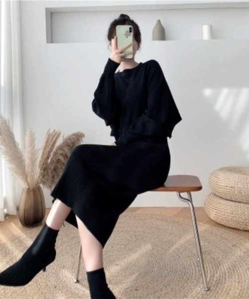 maison de LATIR（メゾンドラティール）の「【上下セットアップ】リブニットワンピース　カセット服（ワンピース・レディース・ベージュ/ブラック/ブルー・FREE）」の2枚目の写真