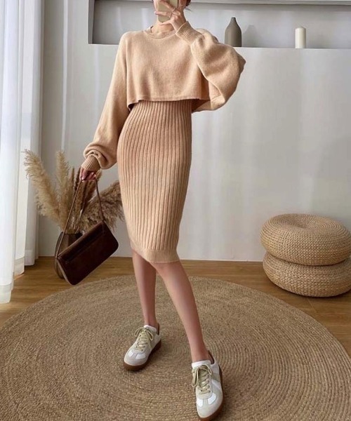 maison de LATIR（メゾンドラティール）の「【上下セットアップ】リブニットワンピース　カセット服（ワンピース・レディース・ベージュ/ブラック/ブルー・FREE）」の4枚目の写真