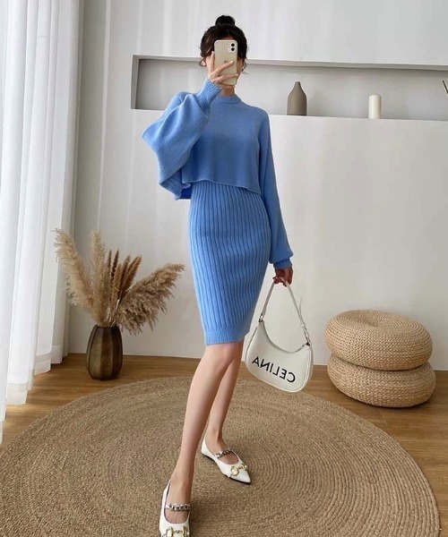 maison de LATIR（メゾンドラティール）の「【上下セットアップ】リブニットワンピース　カセット服（ワンピース・レディース・ベージュ/ブラック/ブルー・FREE）」の7枚目の写真