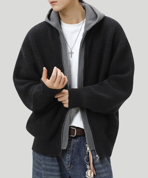 TOBEE（トゥビー）の「【TOBEE】ダブルジップ ニット パーカー/ レイヤード フーディー 長袖（パーカー・メンズ・ダークグレー/ブラック・X-LARGE/LARGE/MEDIUM）」の2枚目の写真