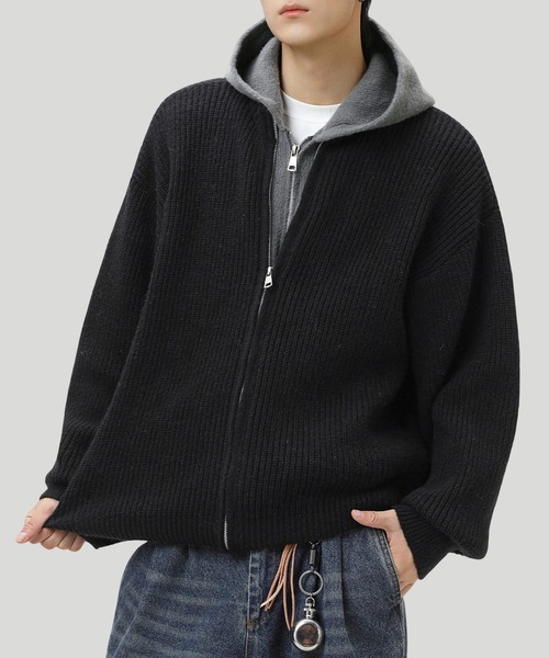 TOBEE（トゥビー）の「【TOBEE】ダブルジップ ニット パーカー/ レイヤード フーディー 長袖（パーカー・メンズ・ダークグレー/ブラック・X-LARGE/LARGE/MEDIUM）」の11枚目の写真